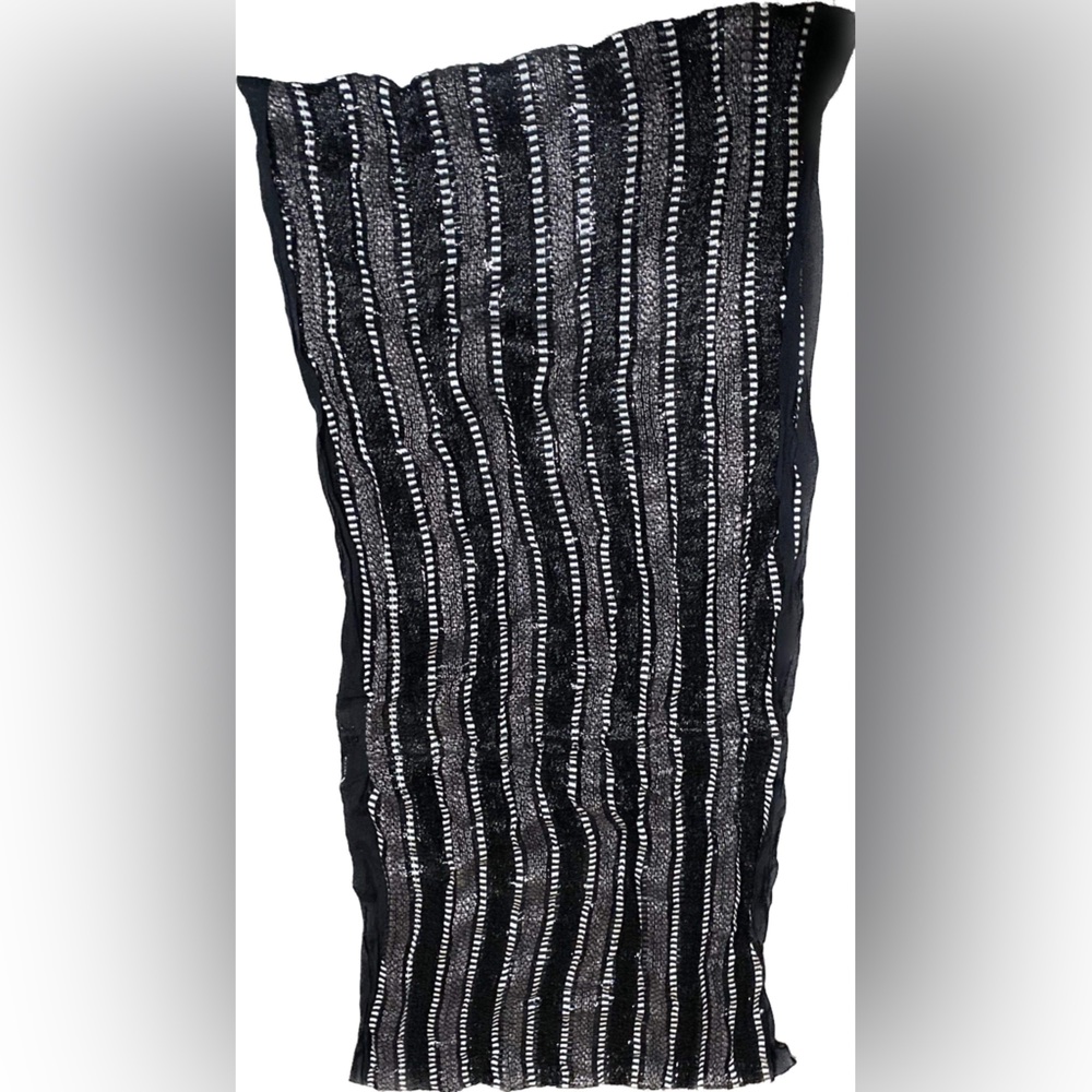 Black, gray and white infinity scarf.